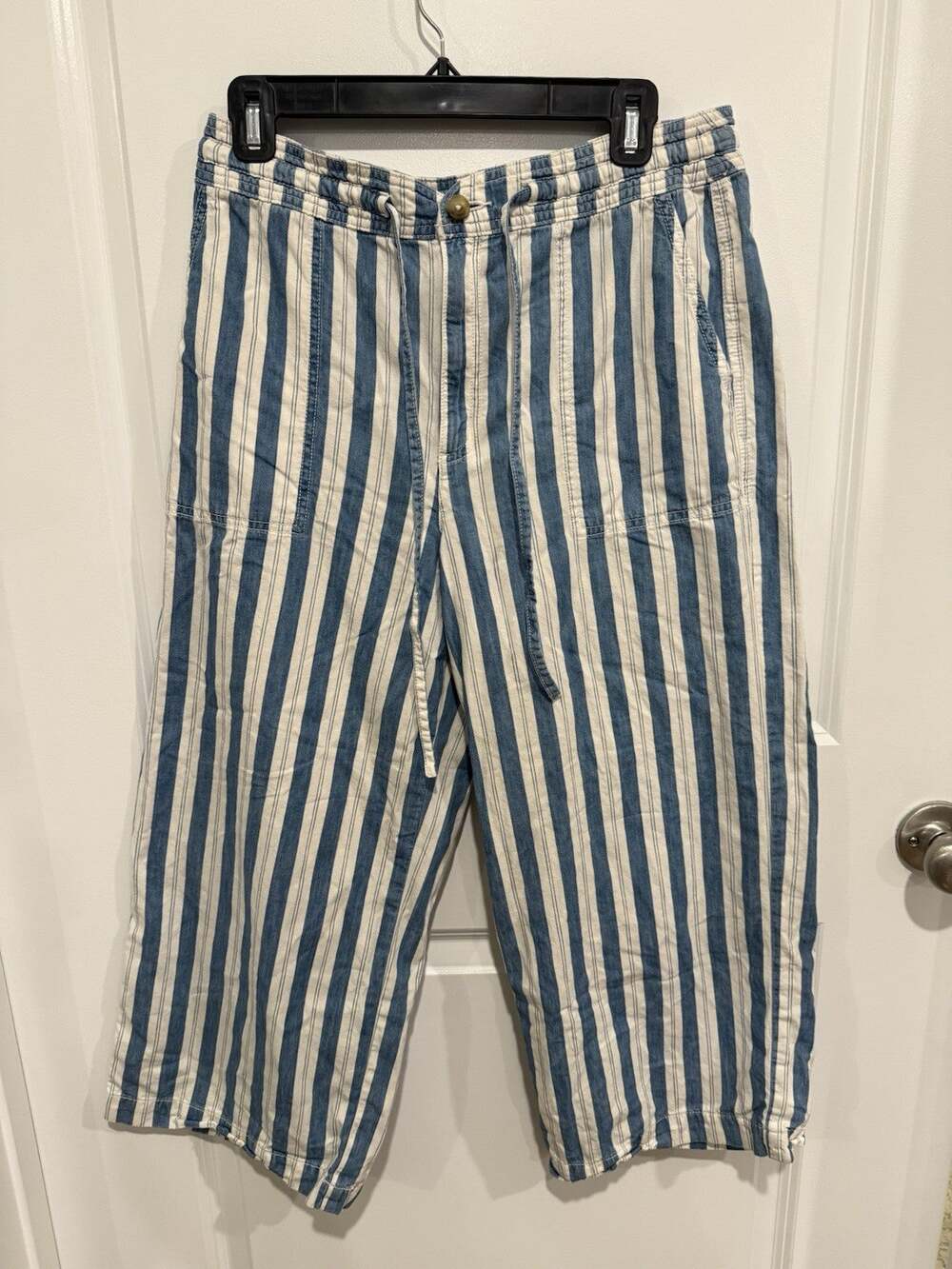 American Eagle Pants Womens Sz 8 Striped Wide Leg Crop Nautical Blue Beachy